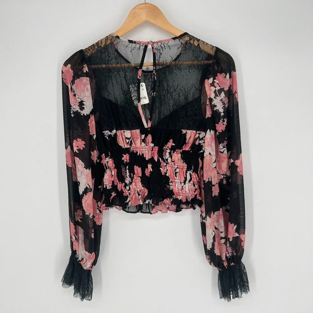 Free People Boho Peplum Babydoll Top XS Softgrunge Romantic Lace Sheer Ruffle